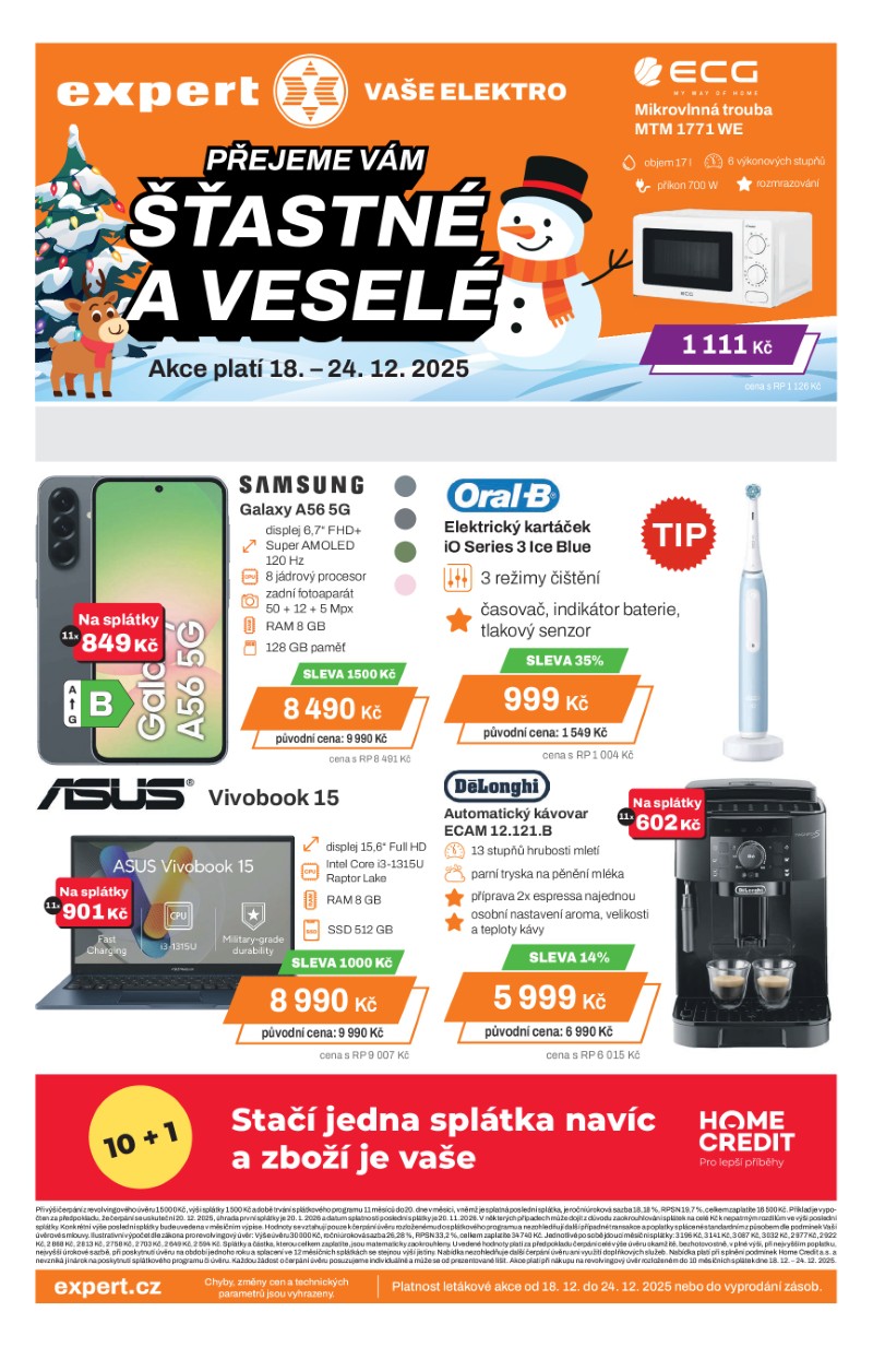 Titulní strana letáku Expert Elektro pro měsíc prosinec s velkým titulkem Přejeme Vám šťastné a veselé a vyobrazením několika akčních modelů, například mikrovlnné trouby ECG.